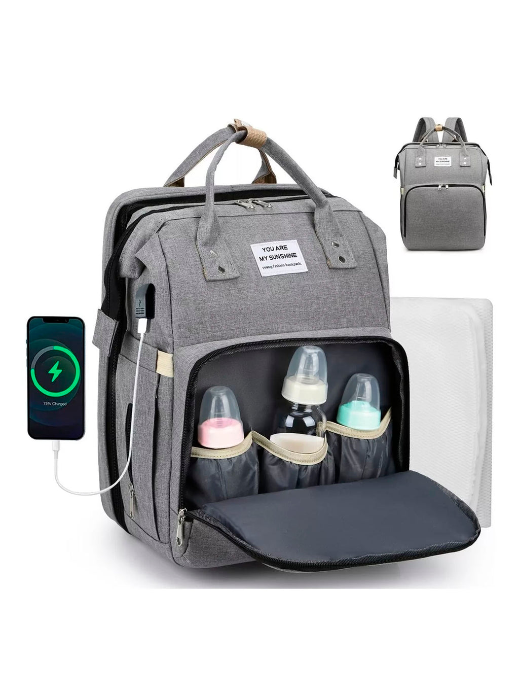 Mochila Pañalera 3 en 1 USB Gris