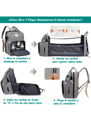 Mochila Pañalera 3 en 1 USB Gris